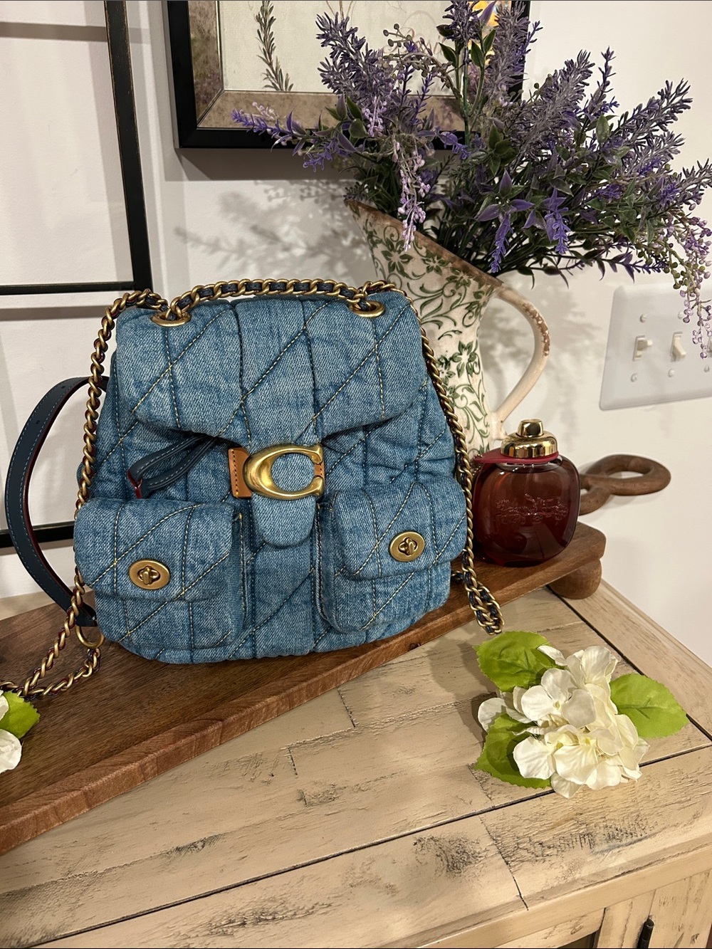 Coach Quilted Blue Denim Shoulder Bag with Gold Hardware